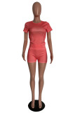 Розово-красная модная повседневная спортивная одежда с буквенным принтом, базовая, с круглым вырезом, с коротким рукавом, из двух частей