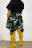 Groene Casual Street Print Camouflage Print Asymmetrische Hoge Taille Type A Full Print Bottoms