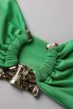 Зеленый сексуальный сплошной пэчворк без бретелек без рукавов из двух частей