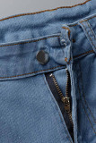 Blå Mode Casual Solid Ripped High Waist Skinny Denim Shorts