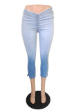 Синие модные повседневные джинсы скинни с принтом в стиле пэчворк и заниженной талией
