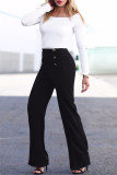 Zwarte mode casual effen patchwork normale hoge taille broek