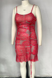 Red Sexy Print Patchwork Draw String Fold Spaghetti Strap Sling Dress Plus Size Dresses