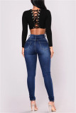 Diepblauwe modieuze casual effen basic skinny jeans met hoge taille