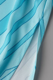 Blaue, lässige, elegante Patchwork-Kleider mit V-Ausschnitt und geradem Druck