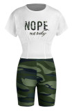 Army Green Casual Print Split Joint O Neck Short Sleeve Two Pieces