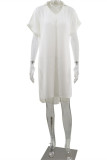 ホワイトファッションカジュアルソリッドパッチワークVネック半袖ドレス