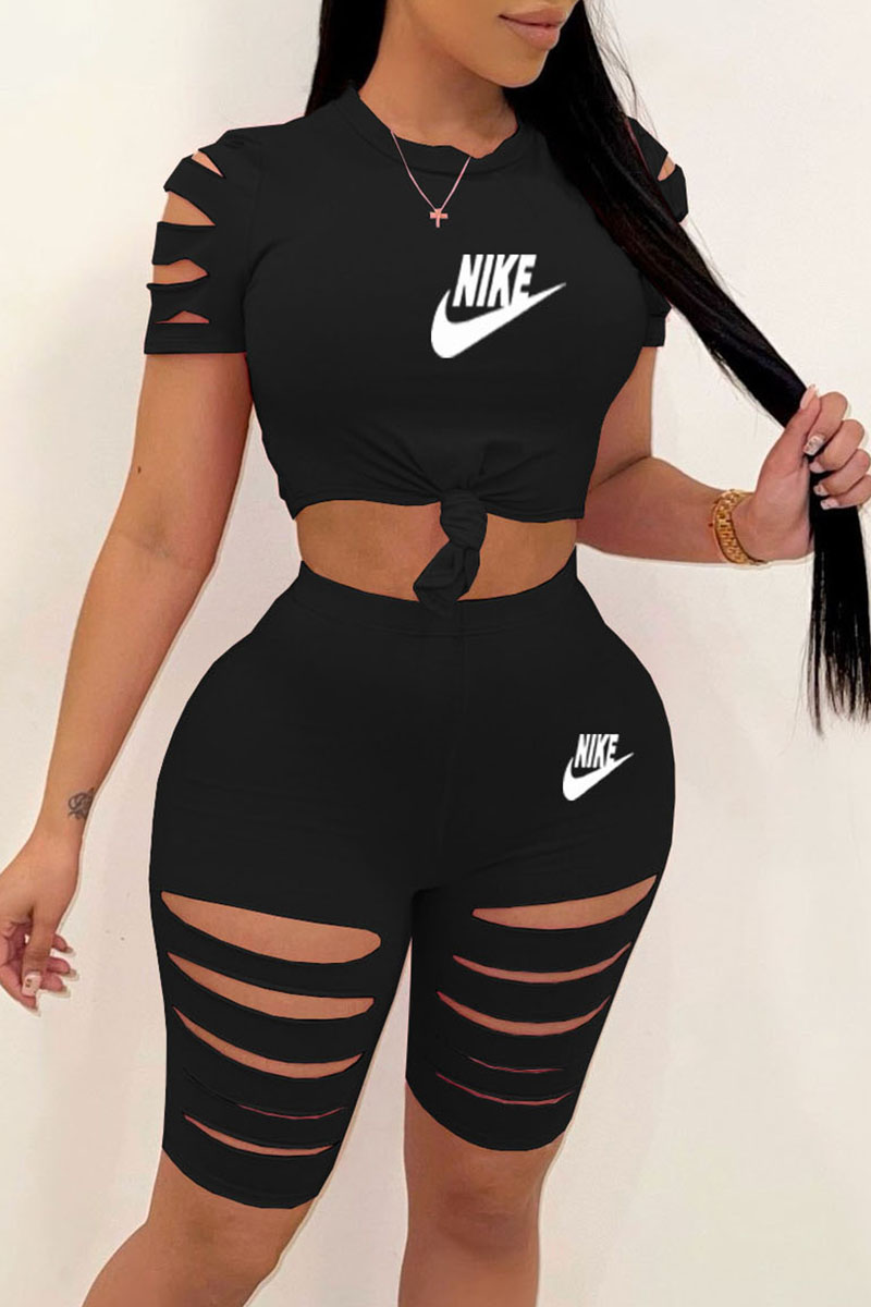 

Black Fashion Casual Print Ripped O Neck Short Sleeve Two Pieces