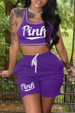 Púrpura moda casual estampado de letras básico cuello en U sin mangas dos piezas