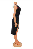 ブラックファッションセクシーなソリッドバックレススリットVネックノースリーブドレス