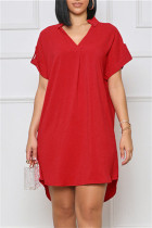 Rotes, modisches, lässiges, festes Patchwork-Kleid mit V-Ausschnitt und kurzen Ärmeln