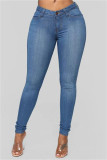 Голубые модные повседневные однотонные базовые джинсы скинни с высокой талией