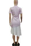 Roze casual gestreepte print patchwork asymmetrische O-hals onregelmatige jurk Jurken