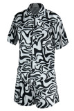 Black And White Casual Print Patchwork Buckle Turndown Collar Short Sleeve Two Pieces