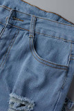 Blue Fashion Casual Solid High Waist Raw Hem Distressed Skinny Ripped Denim Shorts