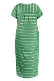 Orange Fashion Casual Plus Size Striped Print Basic O Neck Short Sleeve Dress