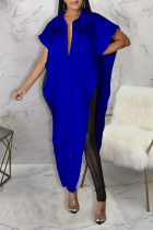 ブルーカジュアルプリントパッチワークターンダウンカラー不規則なドレスドレス