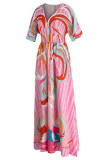 Rosafarbene, lässige, elegante, bedruckte Patchwork-Kleider mit V-Ausschnitt und geradem Schnitt