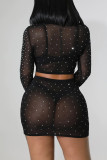 Black Fashion Sexy Patchwork Hot Drilling See-through O Neck Long Sleeve Two Pieces
