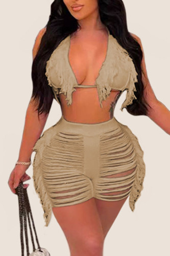 Apricot Sexy Solid Tassel Bandage Hollowed Out Split Joint Swimwears