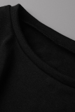 ブラックカジュアルソリッドリップドOネック半袖ツーピース
