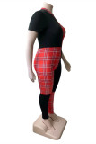 Zwart rood mode casual geruite print patchwork halve coltrui plus size jumpsuits