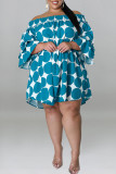 Озерно-синий повседневный принт в горошек в стиле пэчворк с открытыми плечами Платья больших размеров