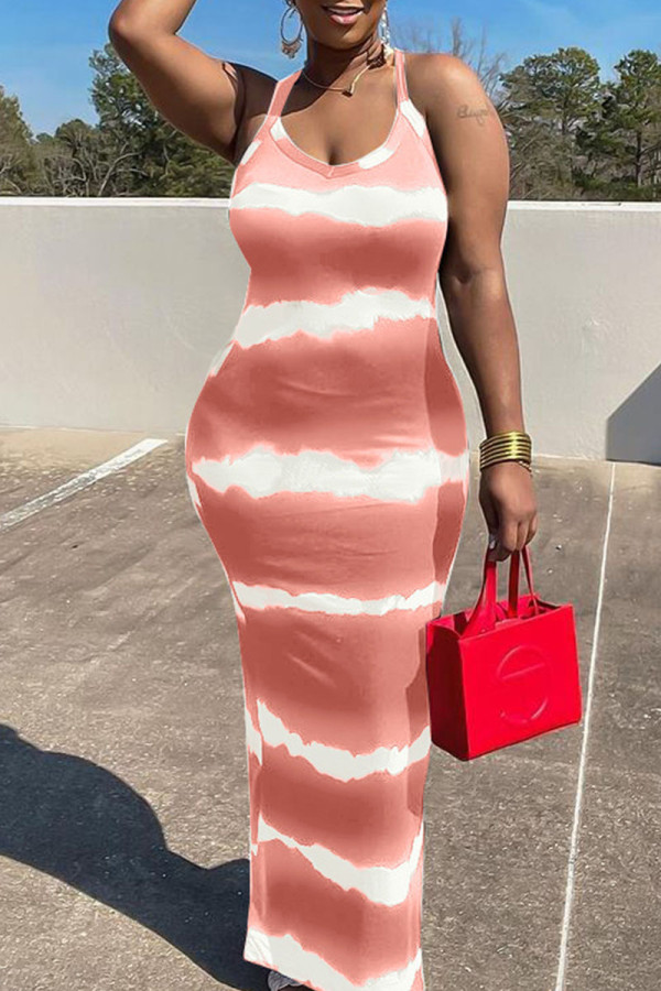 ピンクのカジュアルストライププリントパッチワークUネックワンステップスカートドレス