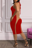 Moda vermelha sexy patchwork bandagem transparente sem costas frente única vestido sem mangas