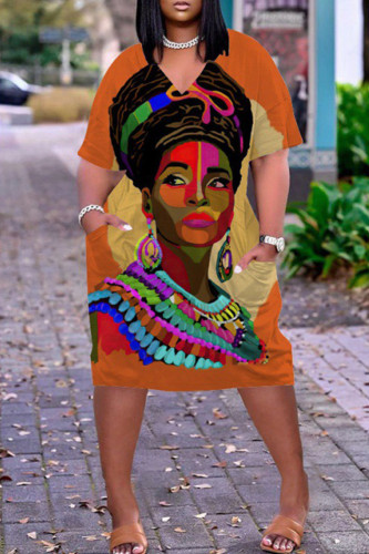 Orange Fashion Casual Print Basic V Neck Short Sleeve Dress