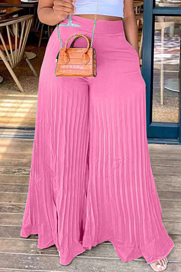 Pantalones de pierna ancha de cintura alta regulares con pliegues sólidos casuales de moda rosa
