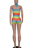 Multicolor Sexy Striped Print Hollowed Out Patchwork Halter Regular Rompers