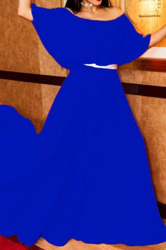 ブルーのカジュアルでエレガントなソリッドパッチワークは、ショルダードレスを折りたたむ