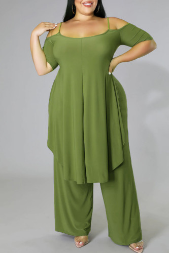 Green Casual Solid Split Joint Asymmetrical Spaghetti Strap Plus Size Two Pieces