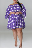 Purple Casual Print Polka Dot Patchwork Off the Shoulder Plus Size Dresses
