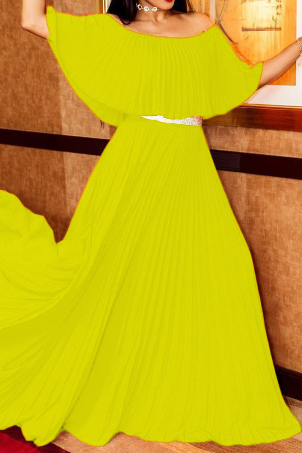 Amarillo casual elegante sólido patchwork doblar fuera del hombro vestidos