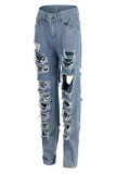 Azul cinza rua sólido oco para fora fazer velho retalhos jeans de cintura alta
