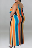 Оранжевое сексуальное полосатое платье с принтом в стиле пэчворк на бретельках Платья больших размеров