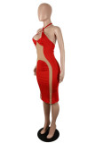 Red Fashion Sexy Patchwork Bandage See-through Backless Halter Sleeveless Dress