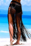 Черная модная сексуальная однотонная юбка с высокой талией и сплошной кисточкой