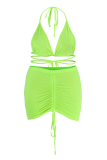 Fluorescent Green Sexy Solid Draw String Halter Pencil Skirt Plus Size Two Pieces