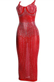 Vestido vermelho sexy plus size patchwork perfuração a quente transparente sem costas e sem mangas