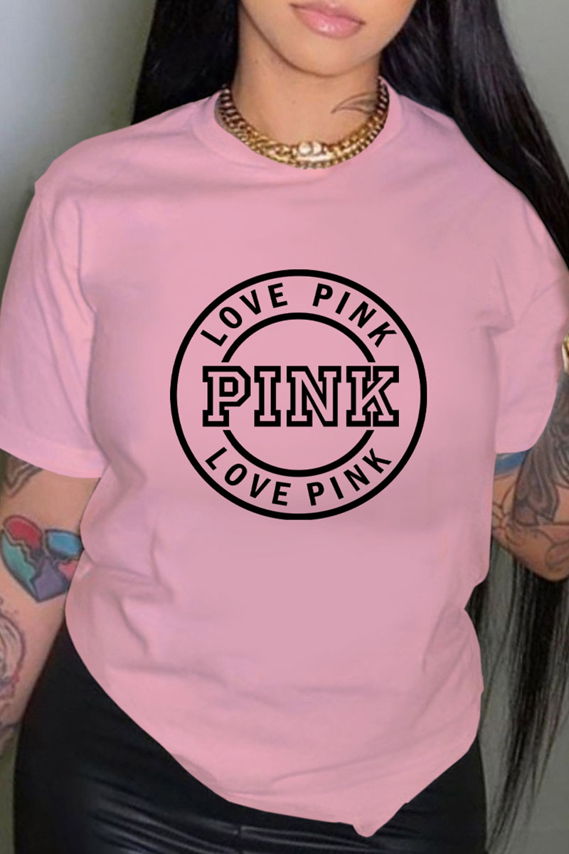 

Pink Fashion Casual Print Letter O Neck T-Shirts