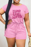 Black Pink Fashion Casual Print Basic O Neck Short Sleeve Regular Romper