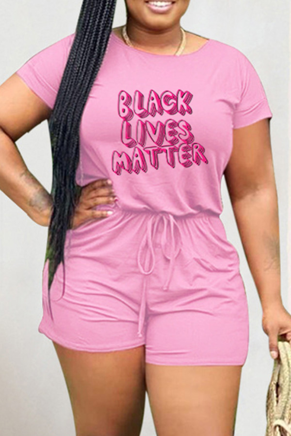 ピンク ファッション カジュアル プリント ベーシック Oネック 半袖 レギュラー ロンパース