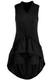 Black Fashion Solid Flounce V Neck Sleeveless Two Pieces
