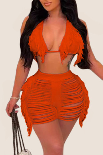 Tangerine Red Sexy Solid Tassel Bandage Hollowed Out Split Joint Swimwears