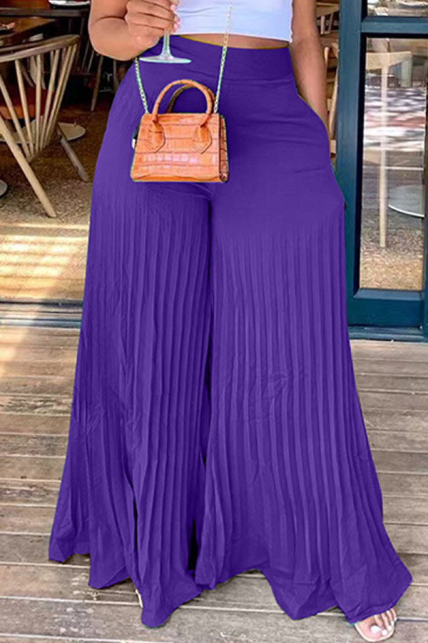 Pantalones de pierna ancha de cintura alta regulares con pliegues sólidos casuales de moda púrpura