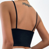 Black Fashion Sexy Solid Patchwork Backless Spaghetti Strap Tops