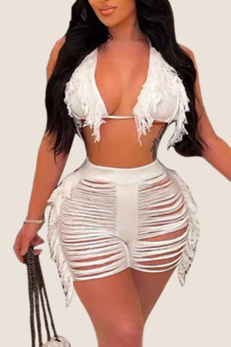 White Sexy Solid Tassel Bandage Hollowed Out Split Joint Swimwears